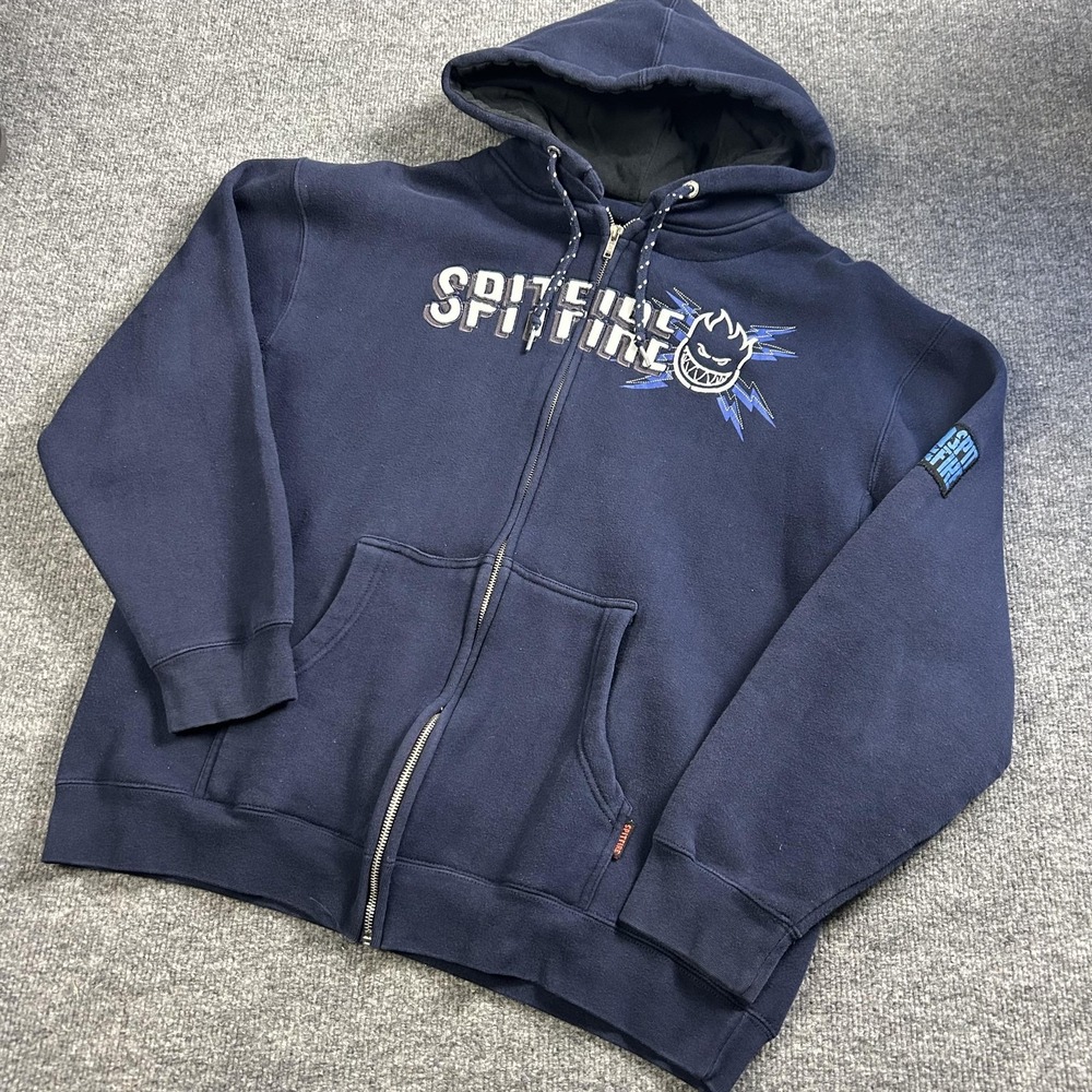 Spitfire Hoodie Mens Large Blue Full Zip Graphic Fleece Skateboard Sweatshirt